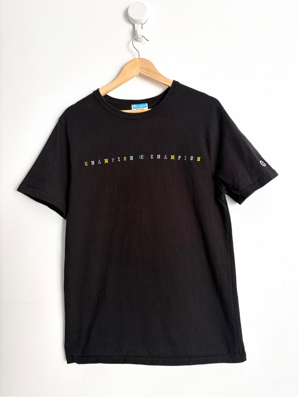 Vintage 90s Champion Black Embroidered Logo Tee - Streetwear - Size M